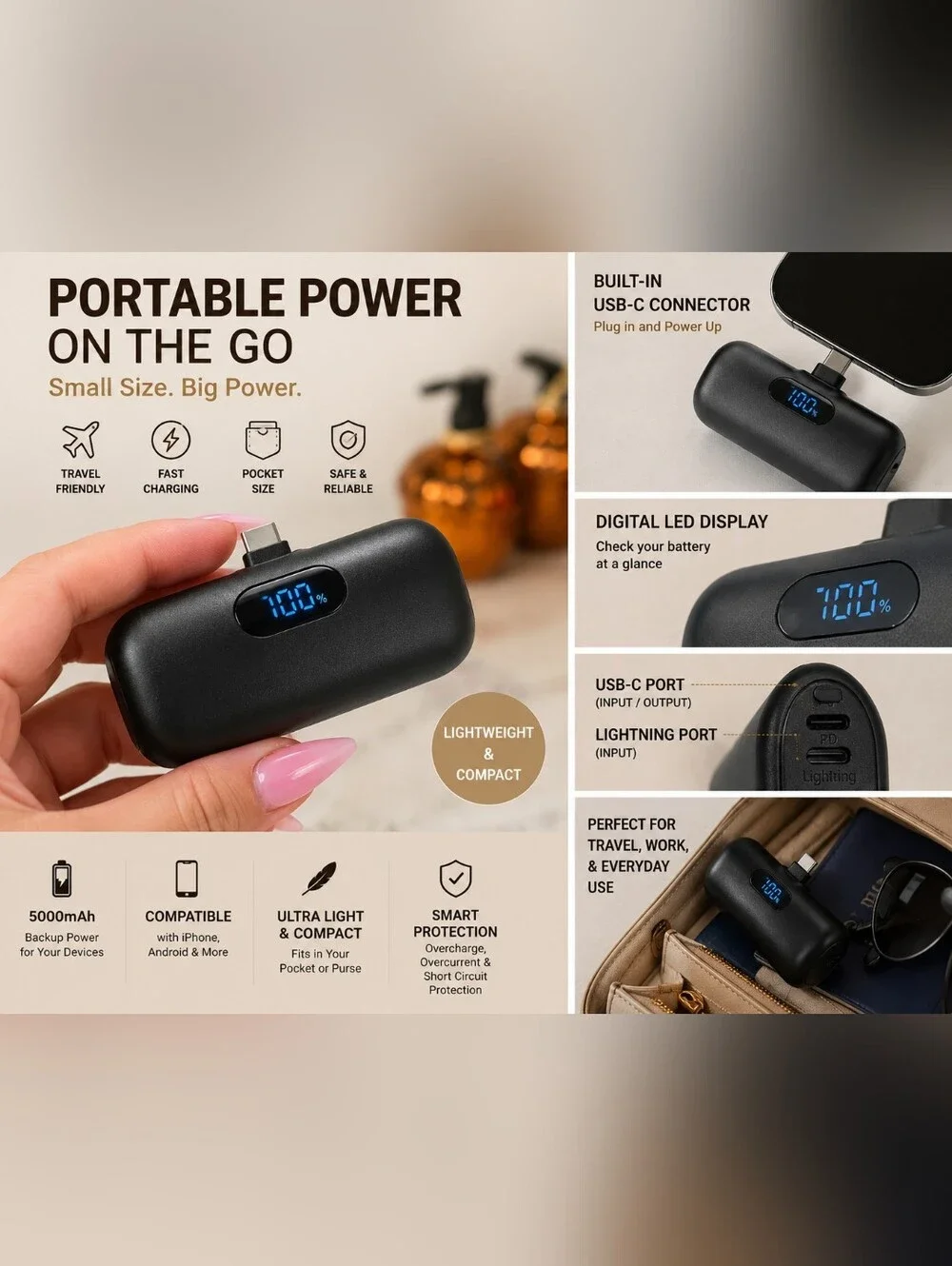 Portable 5000mAh Mini Power Bank with Built-In USB-C Connector & LED Display